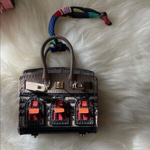 Taupe Mini charm accessory bag with Multicolor Embroidered Detail